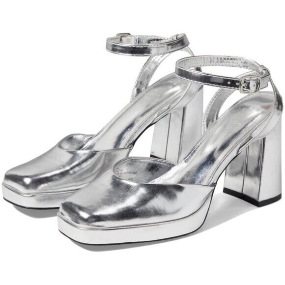 FARYL by Farylrobin FREYA Metallic Silver ankle strap block heeled sandals sz 11 - Picture 1 of 12